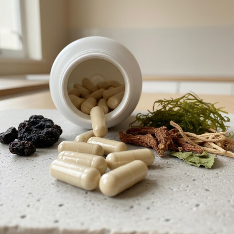 May include: A white plastic bottle tipped over, spilling beige capsules onto a light gray surface. Various dried herbs and dark berries are arranged around the capsules, suggesting a natural health product or supplement.