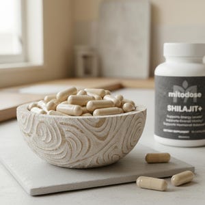 May include: A carved wooden bowl filled with beige capsules, alongside a white bottle with a black label. The bottle reads "mitodose SHILAJIT+" and lists benefits. The bowl sits on a gray square, with a few capsules scattered around.