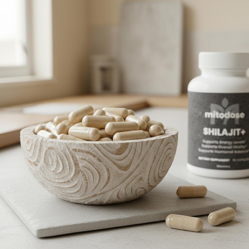 May include: A carved wooden bowl filled with beige capsules, alongside a white bottle with a black label. The bottle reads "mitodose SHILAJIT+" and lists benefits. The bowl sits on a gray square, with a few capsules scattered around.