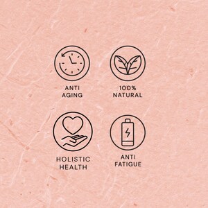 Puede incluir: Cuatro iconos circulares con contornos negros y relleno blanco se muestran sobre un fondo rosa claro texturizado. Los iconos representan antienvejecimiento, 100% natural, salud hol&iacute;stica y antifatiga. Cada icono tiene una etiqueta de texto correspondiente debajo.