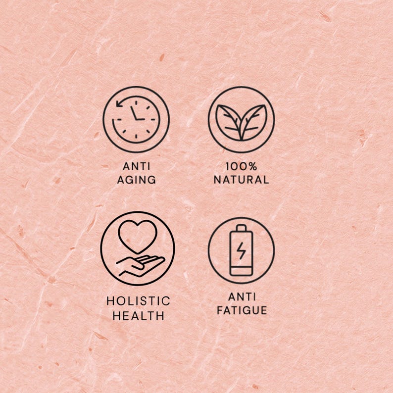 Puede incluir: Cuatro iconos circulares con contornos negros y relleno blanco se muestran sobre un fondo rosa claro texturizado. Los iconos representan antienvejecimiento, 100% natural, salud hol&iacute;stica y antifatiga. Cada icono tiene una etiqueta de texto correspondiente debajo.