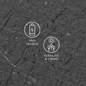 May include: Two white circular icons with text on a textured gray background. The first icon shows a battery with a lightning bolt and the text "ANTI FATIGUE". The second icon shows a circle with three sperm-like shapes and the text "FERTILITY & LIBIDO".