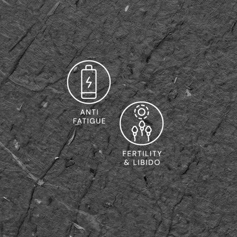 May include: Two white circular icons with text on a textured gray background. The first icon shows a battery with a lightning bolt and the text "ANTI FATIGUE". The second icon shows a circle with three sperm-like shapes and the text "FERTILITY & LIBIDO".