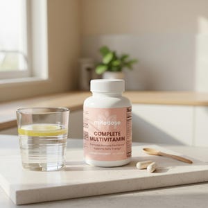 Puede incluir: Una botella blanca de "mitodose COMPLETE MULTIVITAMIN" con una etiqueta rosa, junto a un vaso de agua con una rodaja de lim&oacute;n y dos c&aacute;psulas. Una peque&ntilde;a cuchara de madera descansa sobre una superficie blanca.