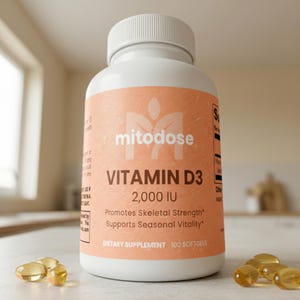 Suplemento de vitamina D3 2000 UI, cápsulas blandas amarillas de vitamina D3, colecalciferol, salud ósea y muscular, vitalidad estacional.