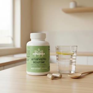 Puede incluir: Una botella blanca de suplemento diet&eacute;tico "mitodose" Ayurvedic Routine con una etiqueta verde, dos c&aacute;psulas, un vaso de agua con una rodaja de lim&oacute;n y una cuchara de madera sobre una superficie de madera. La etiqueta indica "Promueve la salud digestiva" y "Apoya el bienestar diario".