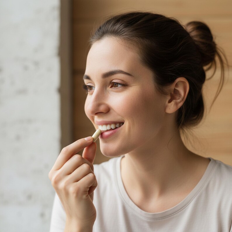 May include: A woman smiling while holding a small, light-colored capsule between her fingers and teeth. She is wearing a white t-shirt and has her hair pulled back. The background is blurred, with a window and wooden paneling visible.