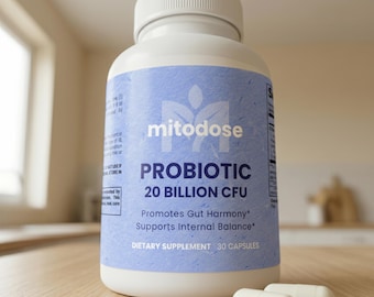 Supplément probiotique 20 milliards d'UFC, gélules probiotiques blanches, multi-souches, santé intestinale et flore équilibrée