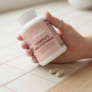 Puede incluir: Una botella blanca de "mitodose COMPLETE MULTIVITAMIN" con una etiqueta rosa, sostenida por una mano. La etiqueta indica "Promotes Immune Resilience" y "Supports Daily Energy". Dos c&aacute;psulas est&aacute;n junto a la botella. La botella contiene 60 c&aacute;psulas.