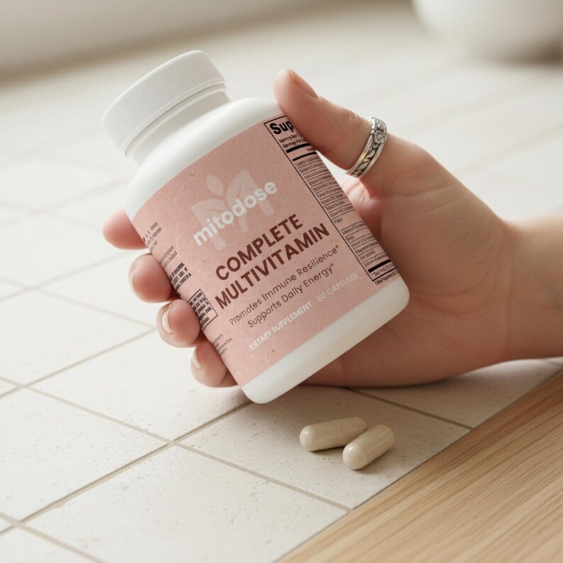 Puede incluir: Una botella blanca de "mitodose COMPLETE MULTIVITAMIN" con una etiqueta rosa, sostenida por una mano. La etiqueta indica "Promotes Immune Resilience" y "Supports Daily Energy". Dos c&aacute;psulas est&aacute;n junto a la botella. La botella contiene 60 c&aacute;psulas.