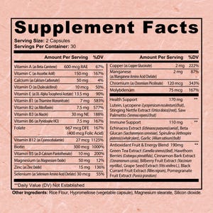 Puede incluir: Una etiqueta de datos de suplementos con fondo blanco y texto negro. Enumera el tama&ntilde;o de la porci&oacute;n como 2 c&aacute;psulas, con 30 porciones por envase. La etiqueta detalla vitaminas, minerales y otros ingredientes.