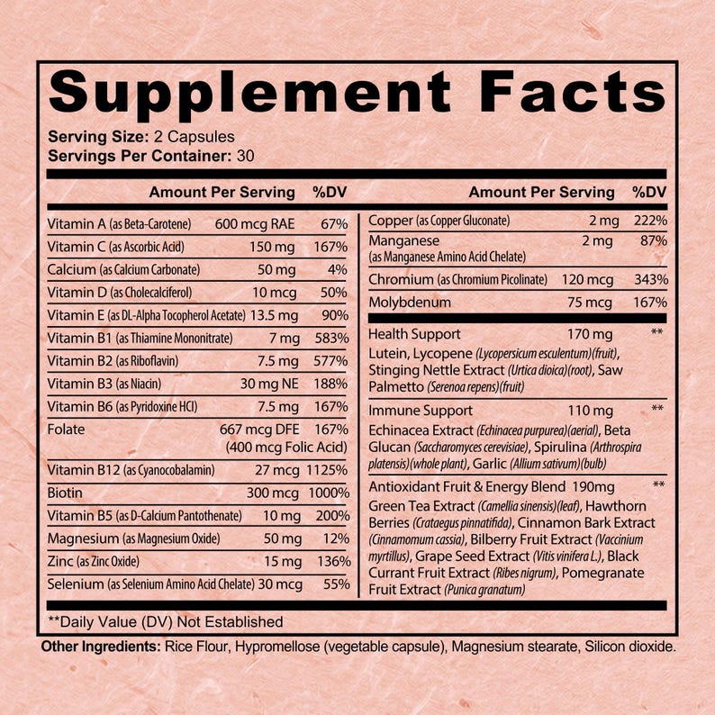Puede incluir: Una etiqueta de datos de suplementos con fondo blanco y texto negro. Enumera el tama&ntilde;o de la porci&oacute;n como 2 c&aacute;psulas, con 30 porciones por envase. La etiqueta detalla vitaminas, minerales y otros ingredientes.