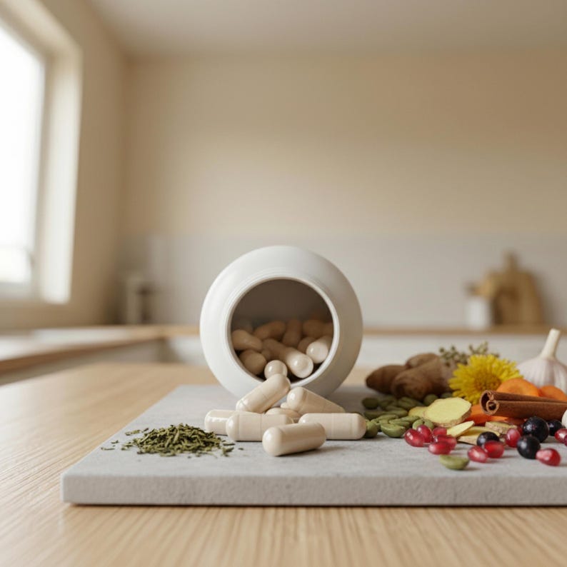 Puede incluir: Un tarro de cer&aacute;mica blanco volcado, derramando c&aacute;psulas beige sobre una superficie rectangular gris. Varias hierbas, especias y frutas, incluyendo jengibre, ajo y semillas de granada, est&aacute;n dispuestas alrededor del tarro, sugiriendo un tema de salud y bienestar.