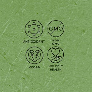Puede incluir: Cuatro iconos circulares con contornos negros sobre un fondo verde texturizado. Los iconos representan antioxidante, sin OGM, vegano y salud hol&iacute;stica. Cada icono tiene una etiqueta de texto correspondiente debajo.