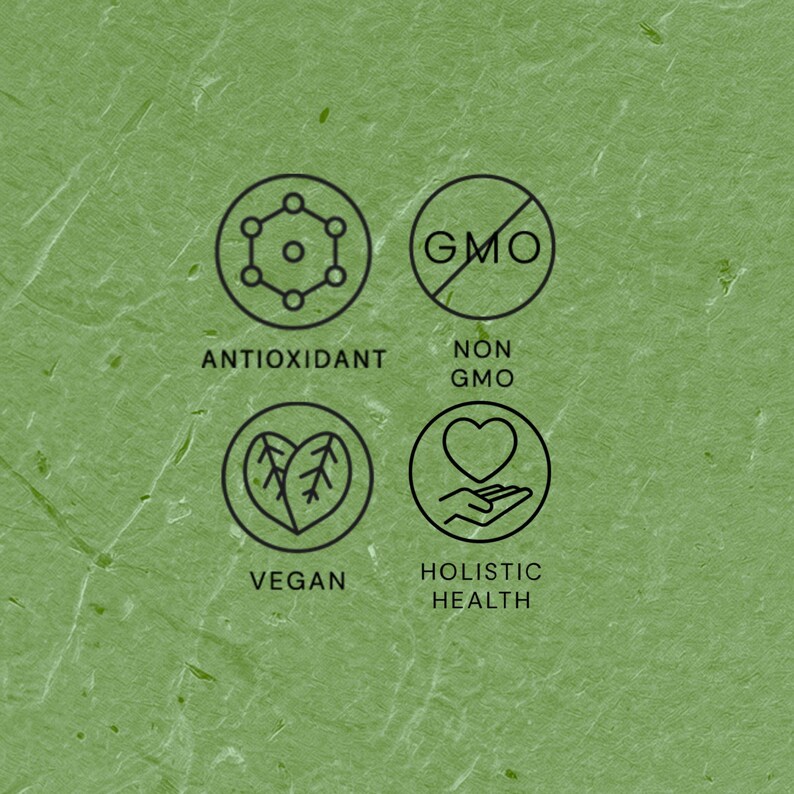 Puede incluir: Cuatro iconos circulares con contornos negros sobre un fondo verde texturizado. Los iconos representan antioxidante, sin OGM, vegano y salud hol&iacute;stica. Cada icono tiene una etiqueta de texto correspondiente debajo.