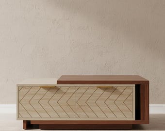 Mesa de centro extensible de madera con cajones de almacenamiento, mueble moderno y minimalista para sala de estar.