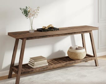 Mesa consola de madera estilo granja: mesa auxiliar estrecha para recibidor, estante rústico para pasillo.