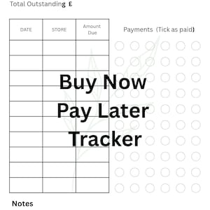 Pode incluir: Um imprimível branco "Buy Now Pay Later Tracker" com uma tabela para rastrear compras e pagamentos. O rastreador inclui seções para data, loja, valor devido e status do pagamento. A parte superior da página tem o texto "Buy Now Pay Later".