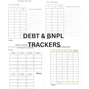 Pode incluir: Rastreadores de dívidas e BNPL imprimíveis em branco com seções para data, loja, valor devido e pagamentos. Inclui um plano de orçamento semanal e uma seção de visão geral da dívida.
