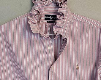 XXL Ralph Lauren lila und blau streifen upcycle Rüschenkragen durchgeknöpft