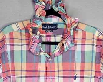 XL Ralph Lauren mehrfarbig karierter upcycle Rüschenkragen Button-Down