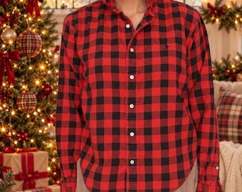 M Ralph Lauren Red and Black Buffalo check brushed cotton upcycle ruffle collar button down. Christmas season top.