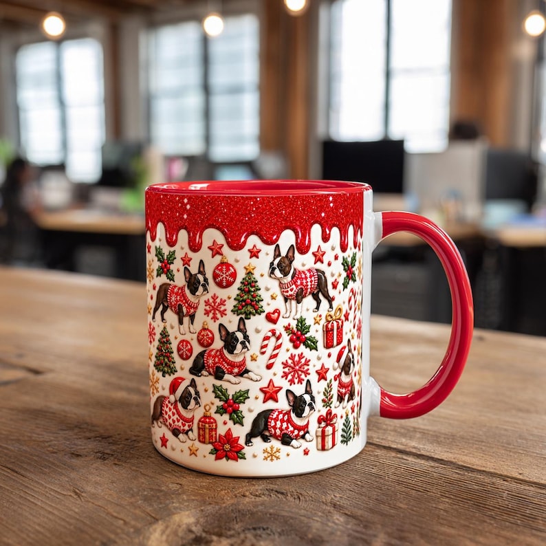 Boston Terrier Christmas Mug, 2D Flat Printed Dog Mug, NOT 3D Raised ...