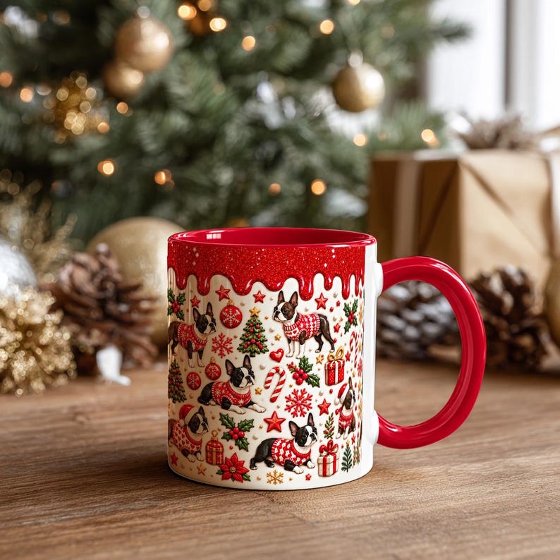 Boston Terrier Christmas Mug, 2D Flat Printed Dog Mug, NOT 3D Raised ...
