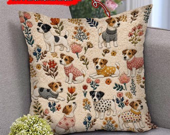 Almofada floral com estampa de Jack Russell Terrier, almofada com bordado falso, decoração para casa para amantes de cães.