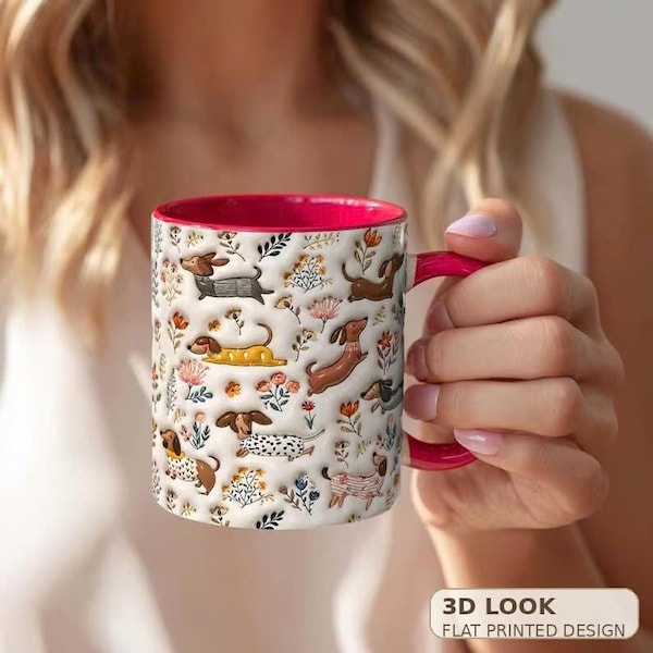Dachshund Floral Ceramic Mug – 3D Look Wiener Dog Coffee Cup, Dog Lover Gift