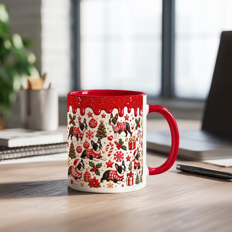 Boston Terrier Christmas Mug, 2D Flat Printed Dog Mug, NOT 3D Raised ...