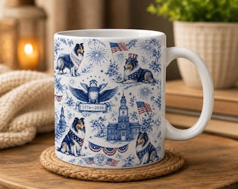 Taza de cerámica con estampado patriótico de Rough Collie, 250 aniversario de Americana