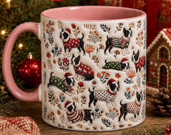 Boston Terrier Christmas Mug, 2D Flat Printed Boston Terrier Dog Mug, Boston Terrier Lover Gift, Festive Floral Ceramic Coffee Cup