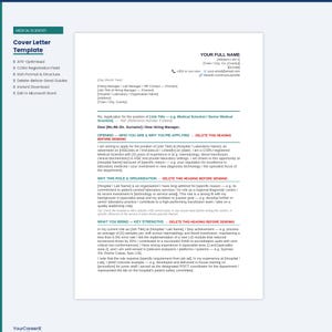 May include: A medical scientist cover letter template with a teal and white color scheme. The document includes sections for personal details, job application, and key strengths. The text is formatted for easy editing in Microsoft Word.