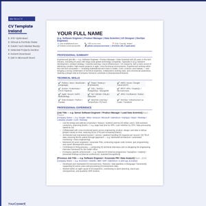 May include: A resume template for the IT field, with a focus on Dublin, Ireland. The document includes sections for professional summary, technical skills, and professional experience. The resume is ATS-optimized and editable in Microsoft Word.
