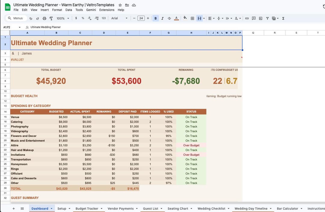 Boho Wedding Planner Google Sheets | Earthy Budget Tracker Guest List ...