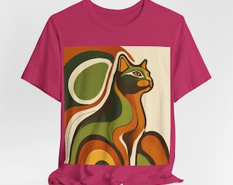 t-shirt abstrait rétro avec chat | T-shirt graphique style années 70