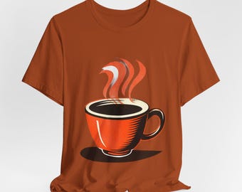 t-shirt tasse à café rouge rétro | Illustration de café chaud, chemise de caféine du matin