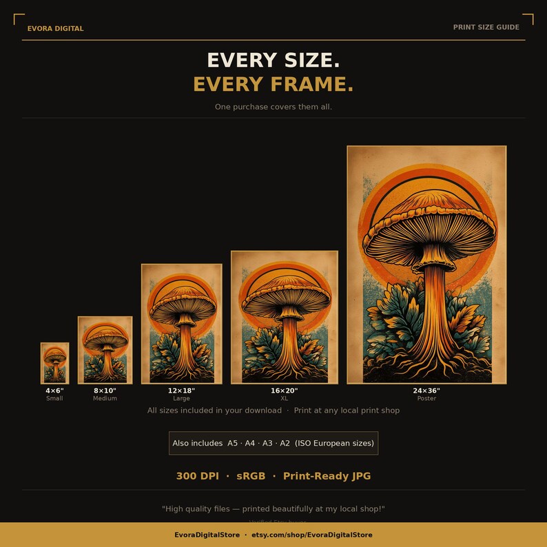 Psychedelic Mushroom Poster, Retro Sun Art Print, 70s Boho Wall Decor ...