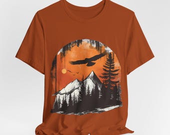 t-shirt aigle coucher de soleil | Chemise graphique montagnes pittoresques de la forêt
