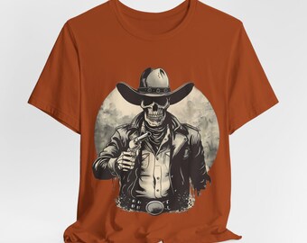 T-shirt cowboy squelette | Tête de mort western, chapeau de cowboy, design motard vintage