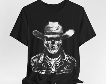 T-shirt de cow-boy tête de mort | Illustration de squelette occidental, graphique de veste de motard