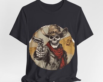 T-shirt revolver à pointage crâne de cow-boy | Illustration du squelette occidental