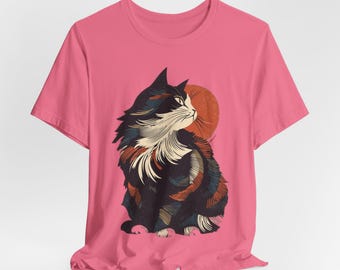 T-shirt pelucheux d'illustration de chat | T-shirt artistique chat en calicot