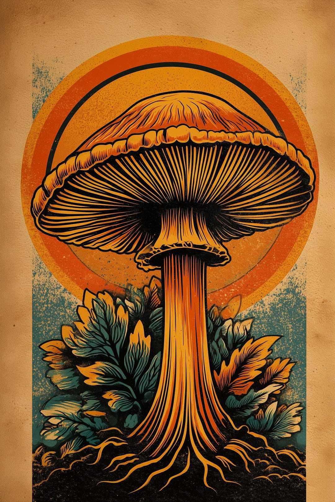 Psychedelic Mushroom Poster, Retro Sun Art Print, 70s Boho Wall Decor ...
