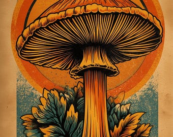 Psychedelic Mushroom Poster, Retro Sun Art Print, 70s Boho Wall Decor (Digital Download)