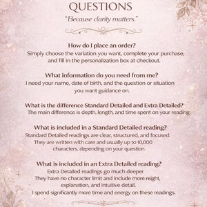 May include: A soft pink and beige graphic with the text "FREQUENTLY ASKED QUESTIONS" and "Because clarity matters." The image provides answers about ordering, information needed, and reading details.