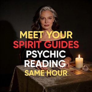 May include: An image featuring a woman with gray hair, seated at a table with tarot cards and a lit candle. The text reads: "MEET YOUR SPIRIT GUIDES PSYCHIC READING SAME HOUR."