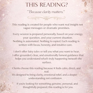 May include: A soft pink and cream-colored background with text that reads "WHY CHOOSE THIS READING?" and "Because clarity matters." The text describes a personalized reading service offering honest guidance and clarity.