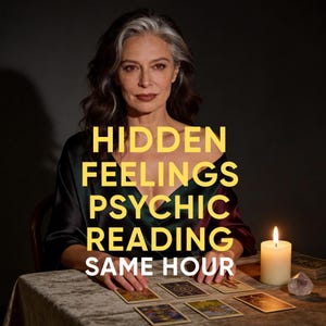 Puede incluir: Imagen de una mujer con cabello gris y ropa oscura, con el texto "HIDDEN FEELINGS PSYCHIC READING SAME HOUR" en amarillo. Hay cartas de tarot sobre la mesa, con una vela encendida y un cristal.